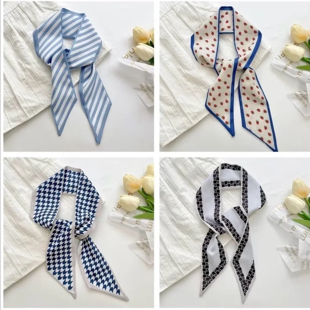 Parisian Chic Set of 4 Geometric Strawberry Twilly Scarves Stripes Houndstooth